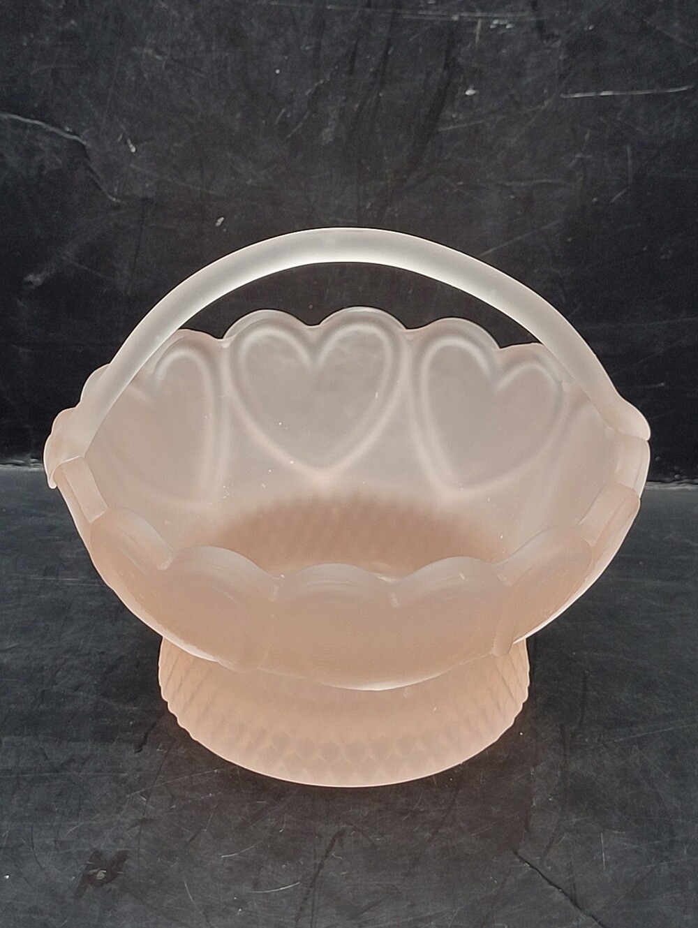 Vintage Small Pink Frosted Satin Art Glass Basket Heart Design 3.5" Tall